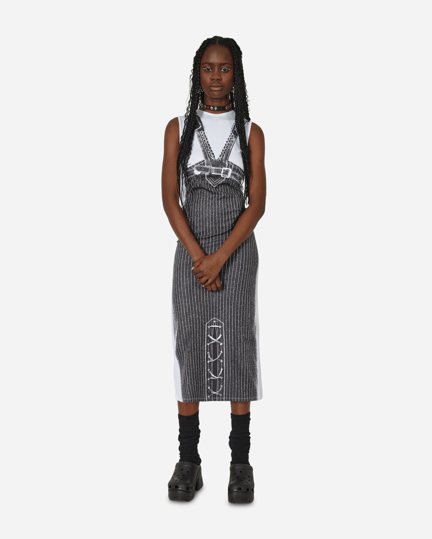 Jean Paul Gaultier Wmns Jersey Sleeveless Long Dress Printed Madonna Trompe L'Oeil White/Black Dresses Dress Mid F-RO174-J547 0100